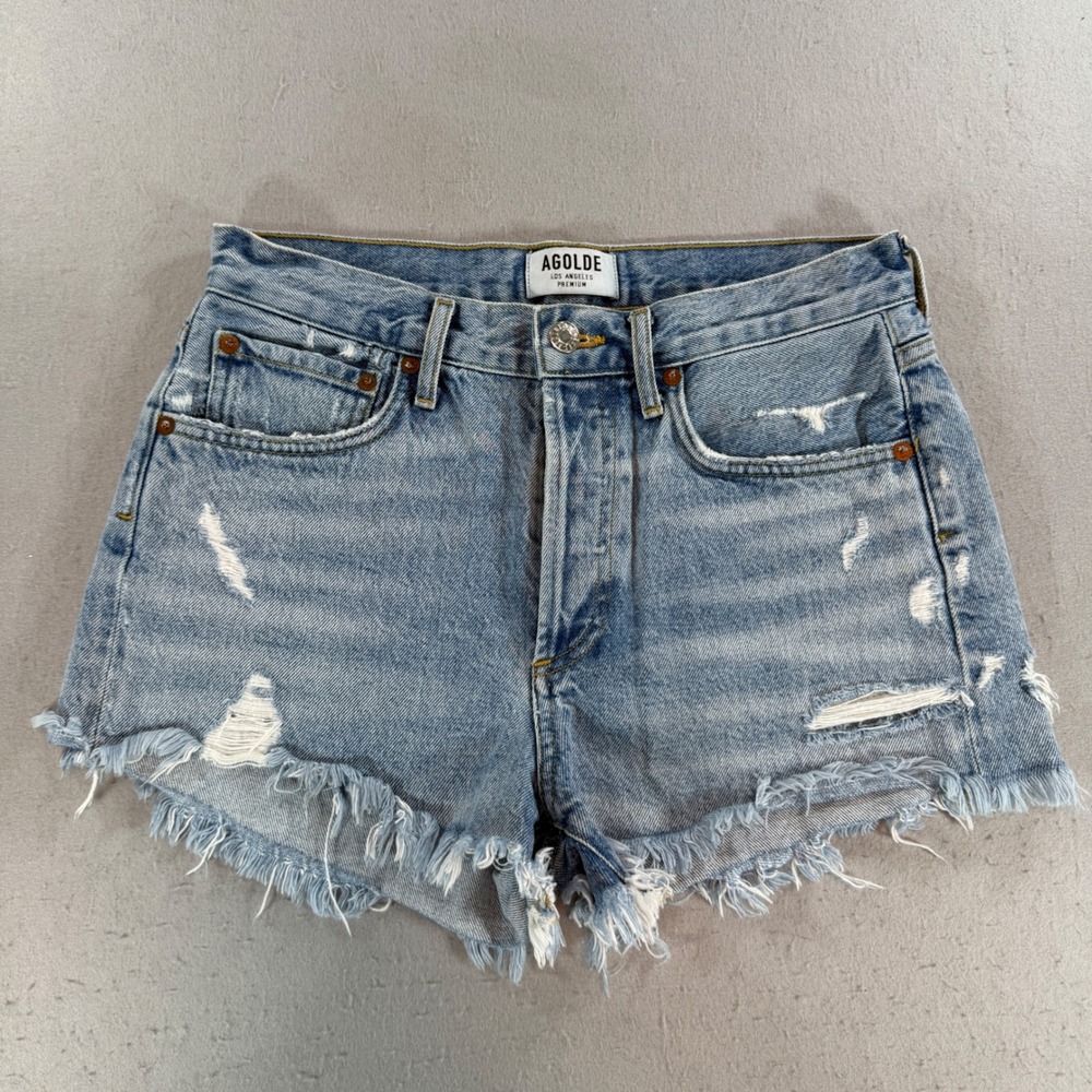 AGOLDE Parker Distressed High Rise Denim Shorts Light Wash Blue Size 26